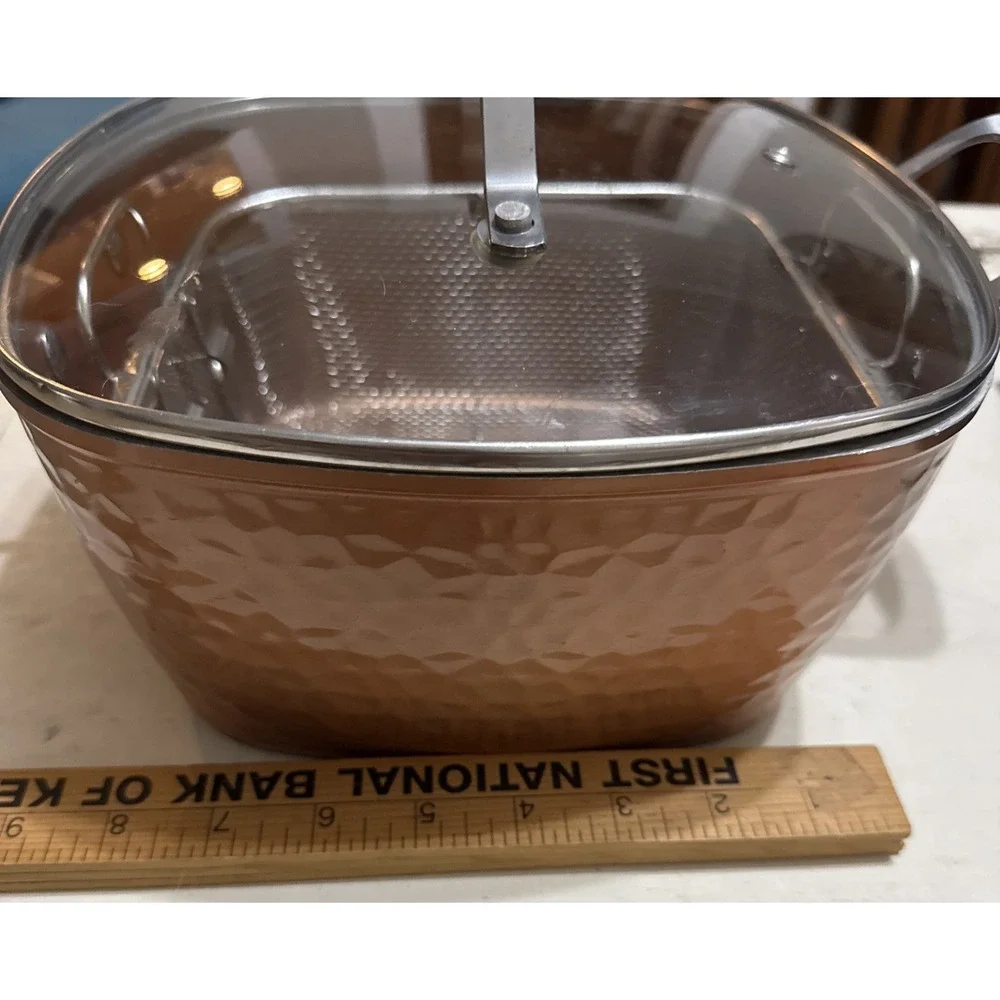 Square Non-Stick Frying Handled Deep Pan Lid Basket -Gotham Steel Copper EUC